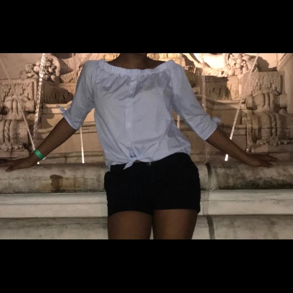 Blue and White pinstripe, off the shoulder top - Picture 2 of 2